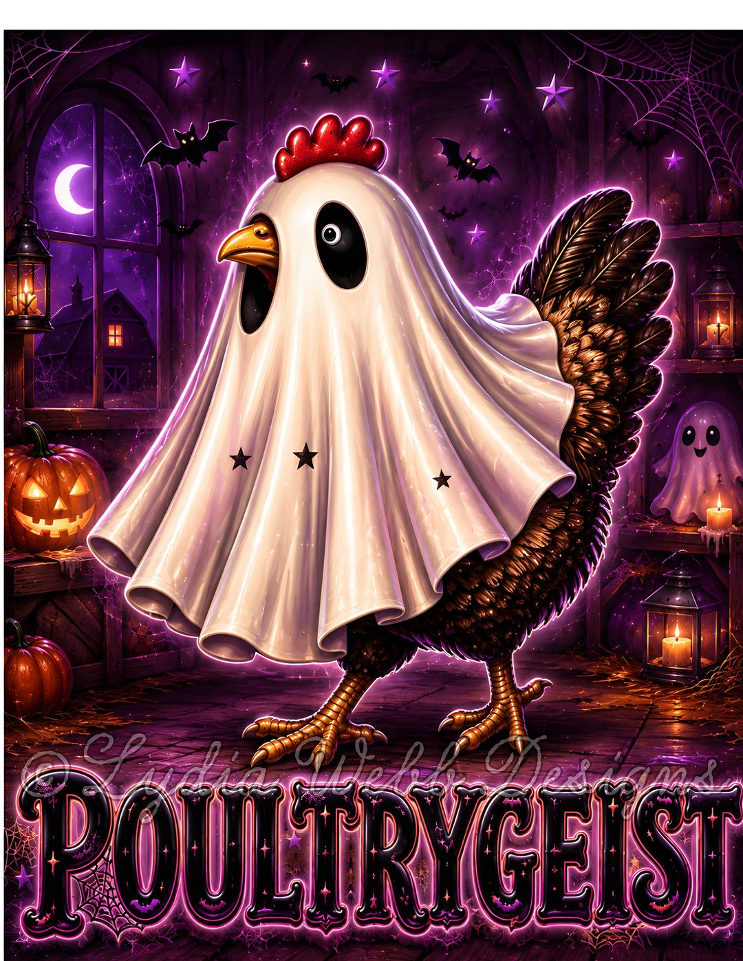 an image of a halloween poster with a chicken in it's costume and the words poultrygeest Halloween Chicken dark slate gray