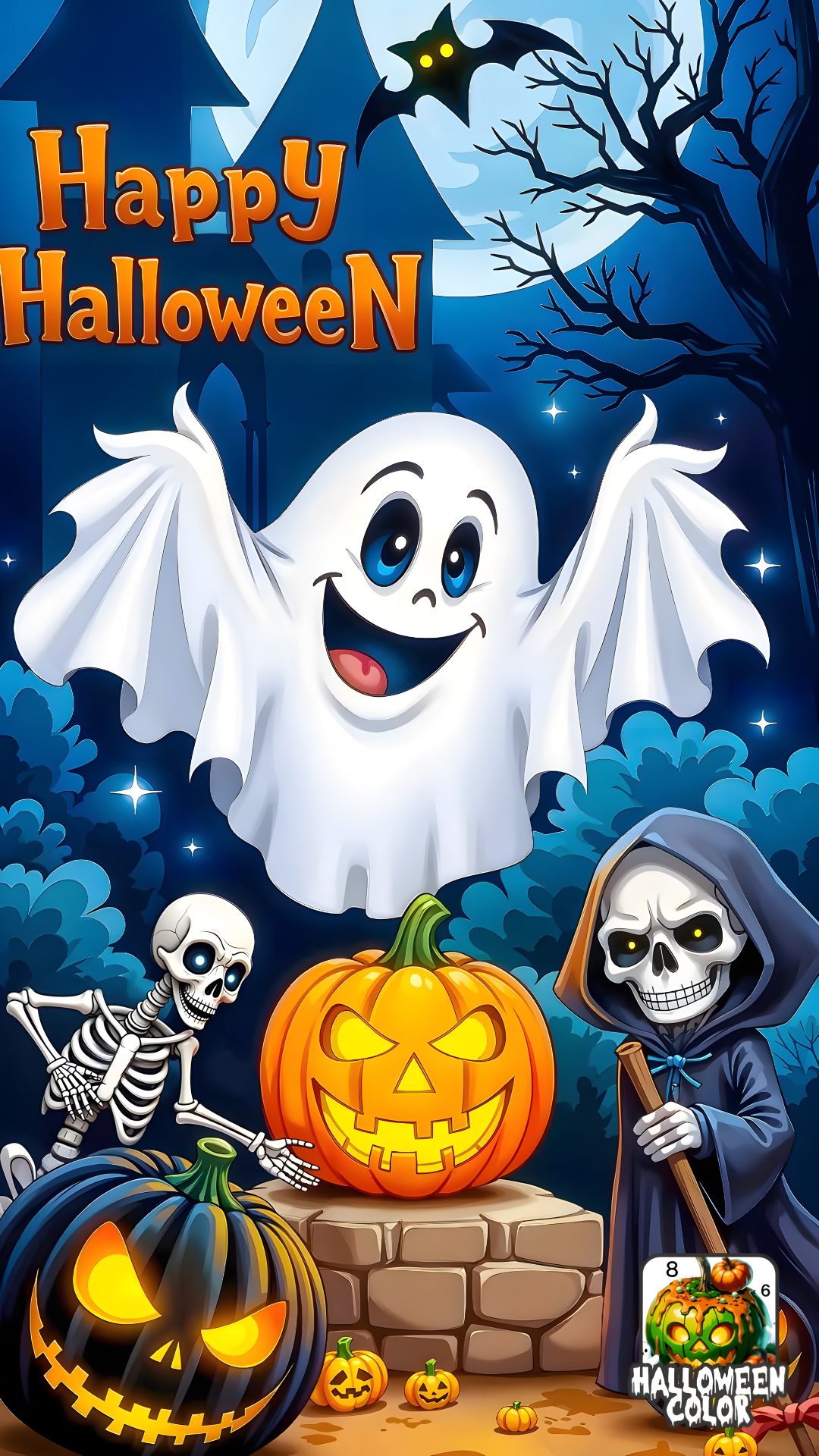 a happy halloween card with two skeletons and a ghost Happy Halloween Images dark slate gray