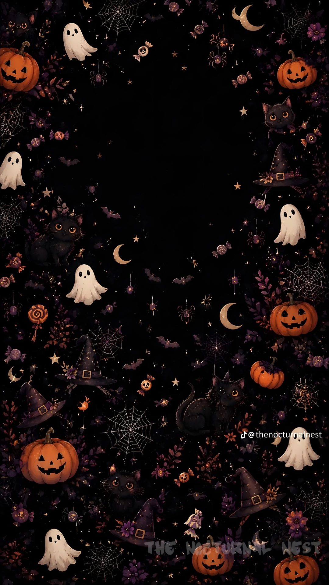 a black background with pumpkins, ghost and other halloween related items in the center Cute Black Halloween black
