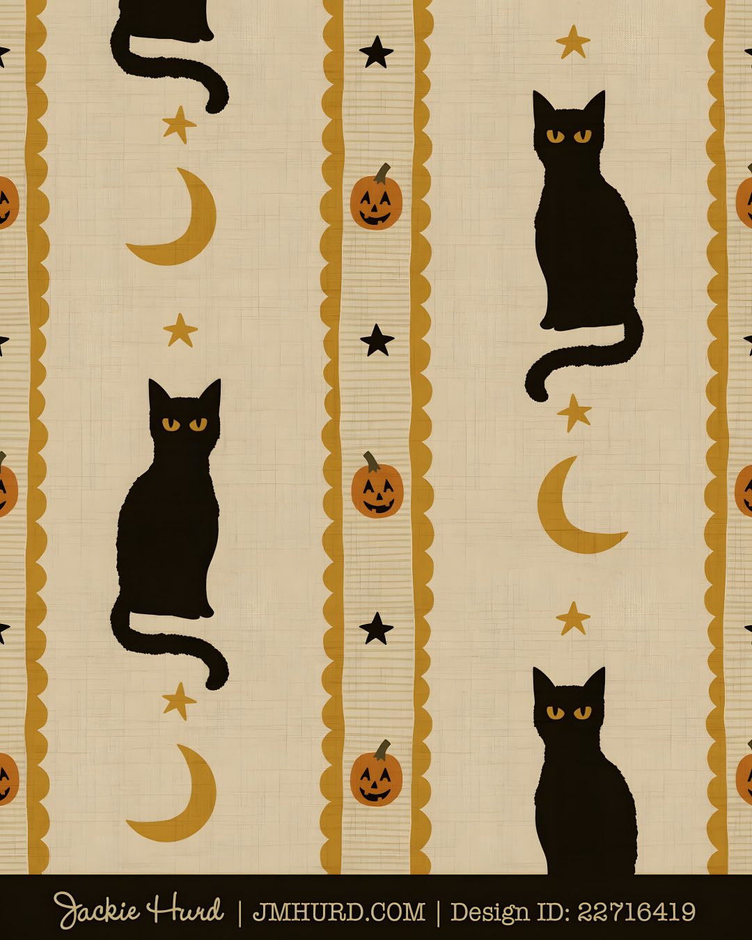 a black cat sitting on top of a table next to a moon and pumpkins Halloween Cat Stripes tan