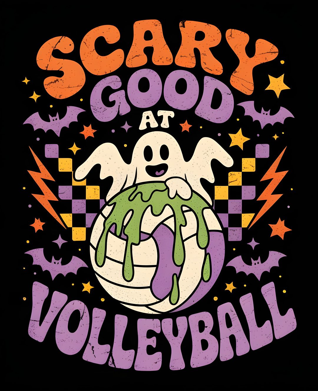 scary good at volleyball t - shirt design with ghost and stars in the background Volleyball Halloween black