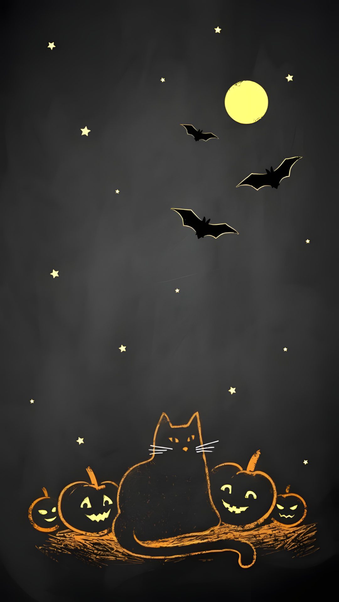 a black cat sitting on top of three pumpkins in front of a full moon Halloween Chalkboard Movie Posters, Halloween Cat Background Aesthetic, dark slate gray