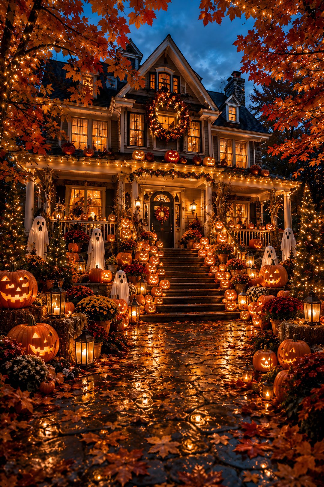 a house decorated for halloween with pumpkins and lights Halloween House Ideas maroon