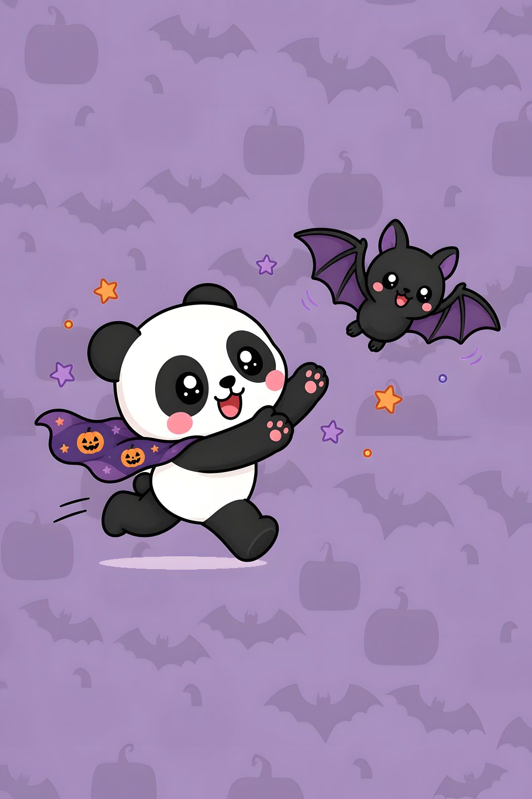 Cute kawaii panda sticker running in pumpkin cape chasing a bat, Halloween design Halloween Panda dark gray