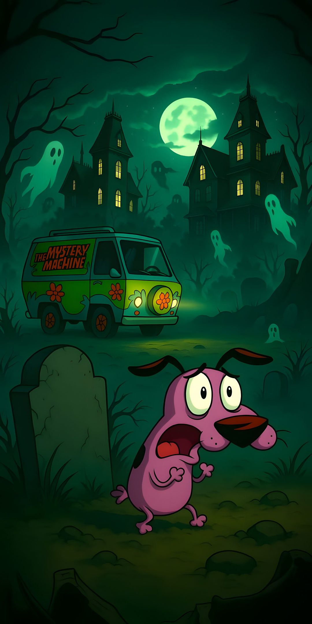 a cartoon dog is standing in front of a grave with a green van behind it Halloween Scooby Doo black