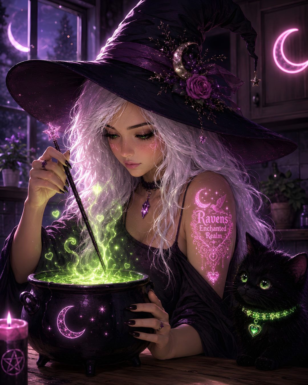a woman with white hair wearing a witches hat and holding a caulder Beautiful Halloween Witch black