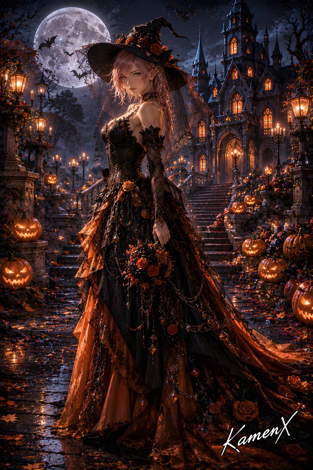 a woman in a long dress and hat standing on stairs with pumpkins around her Beautiful Halloween Witch black