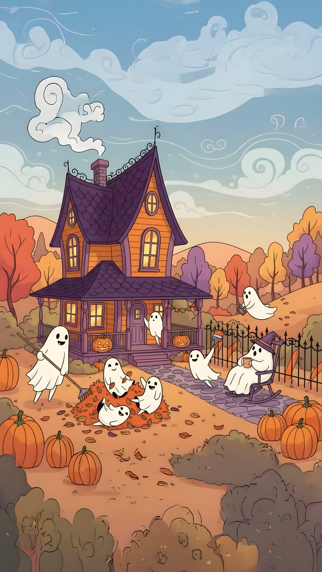 a halloween scene with ghost and pumpkins in front of a house Halloween Illustration rosy brown
