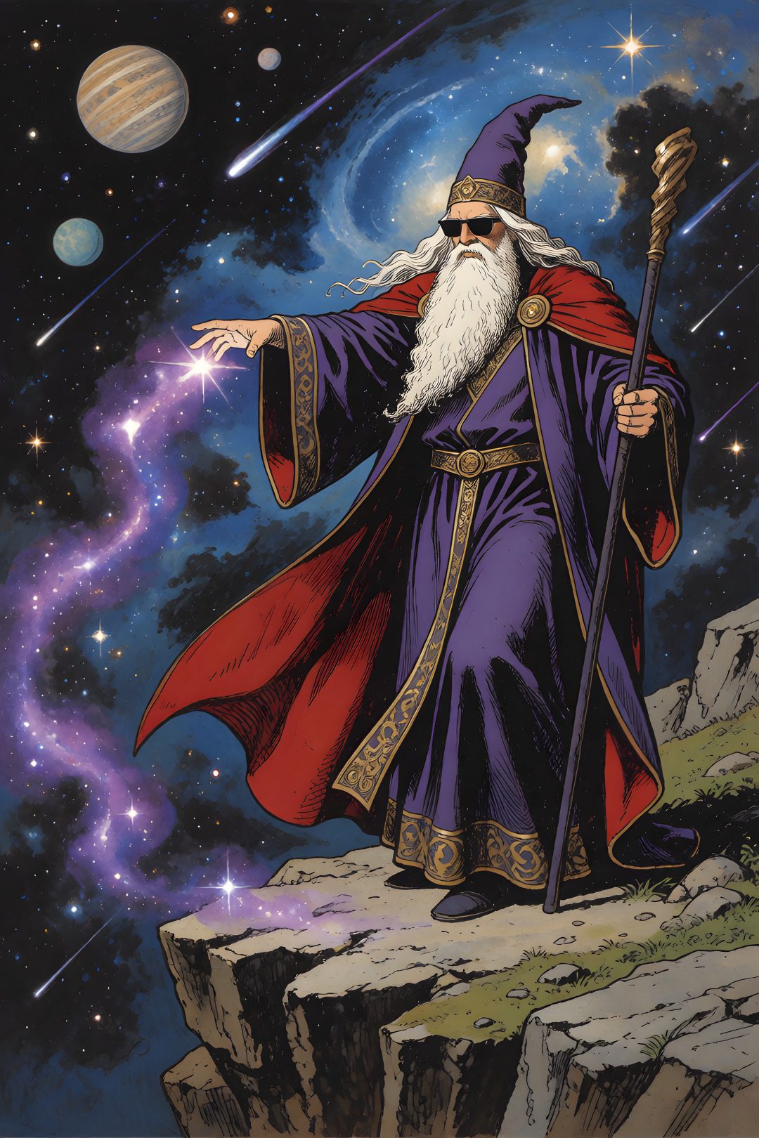 an old wizard standing on top of a rock in front of the stars and planets Merlin Wizard Halloween Rainbow Purple dark slate gray