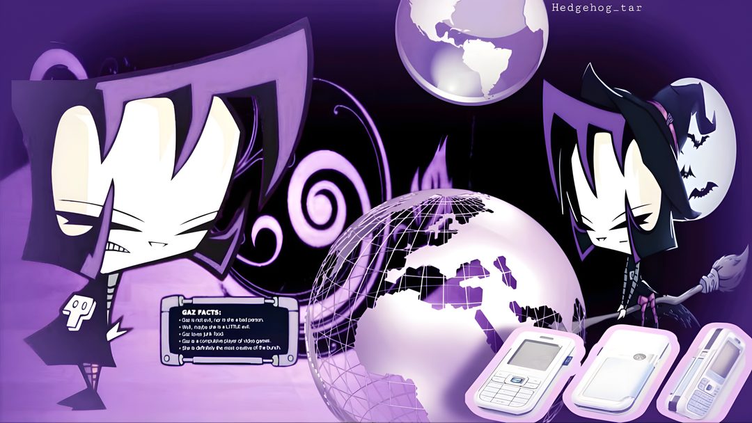 an image of cell phones in front of a purple background with cartoon characters and globe Invader Zim Halloween Invader Zim Banner, Zim Pfp, Scene, Invader Zim, Computer, slate blue