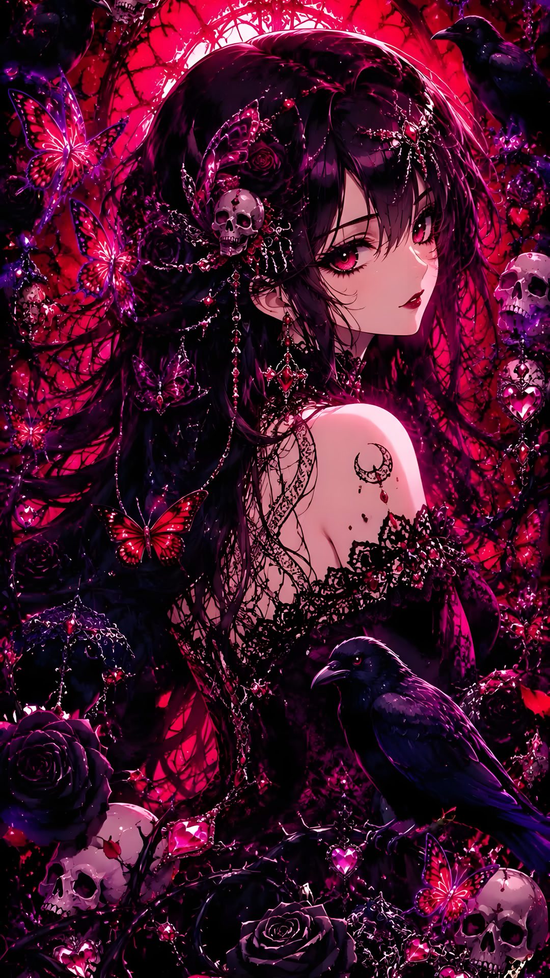 a woman with black hair and skull makeup is surrounded by skulls, flowers and roses Dark Halloween Anime black