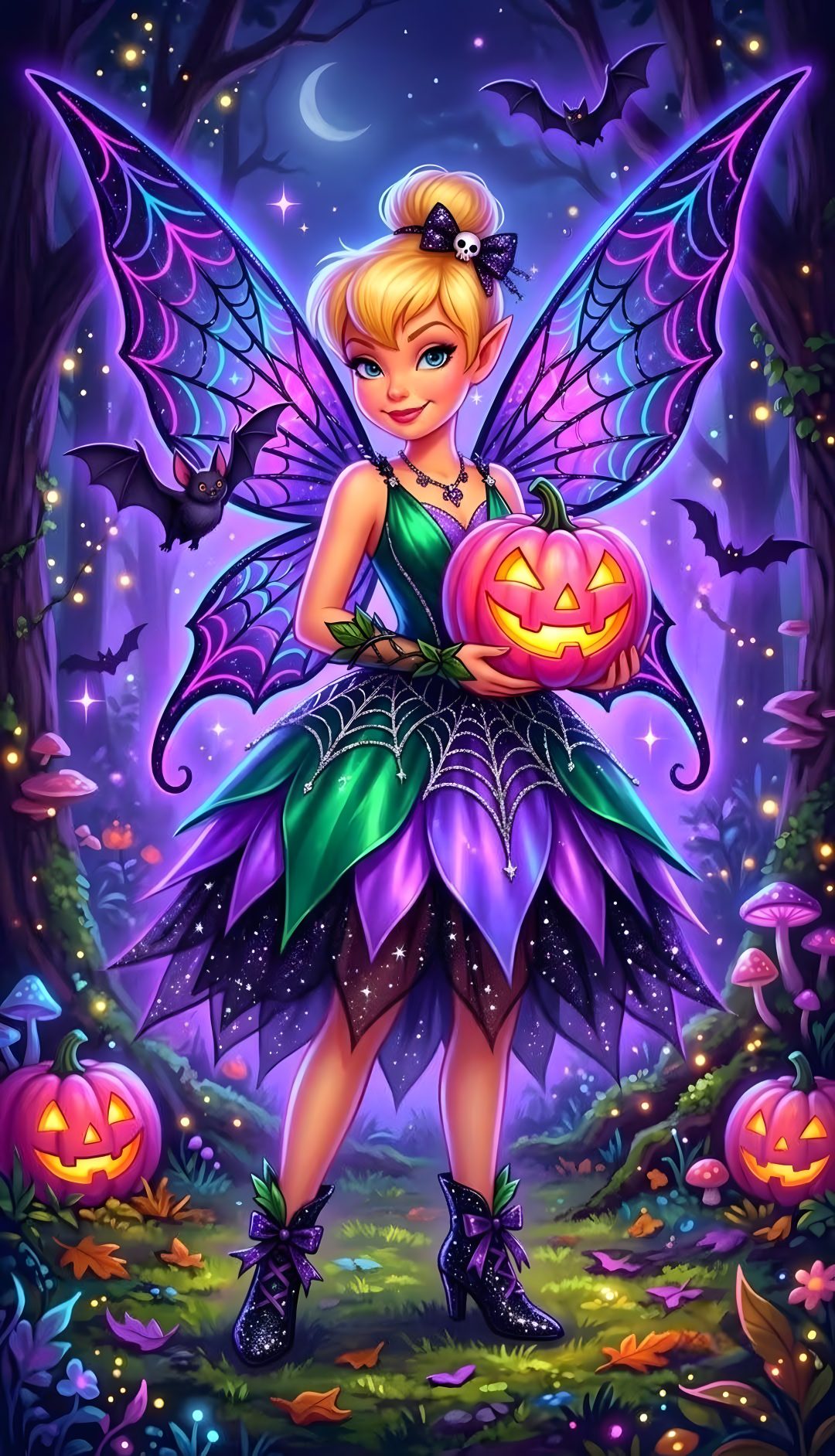 a fairy holding a pumpkin in her hands Tinkerbell Halloween dark slate blue