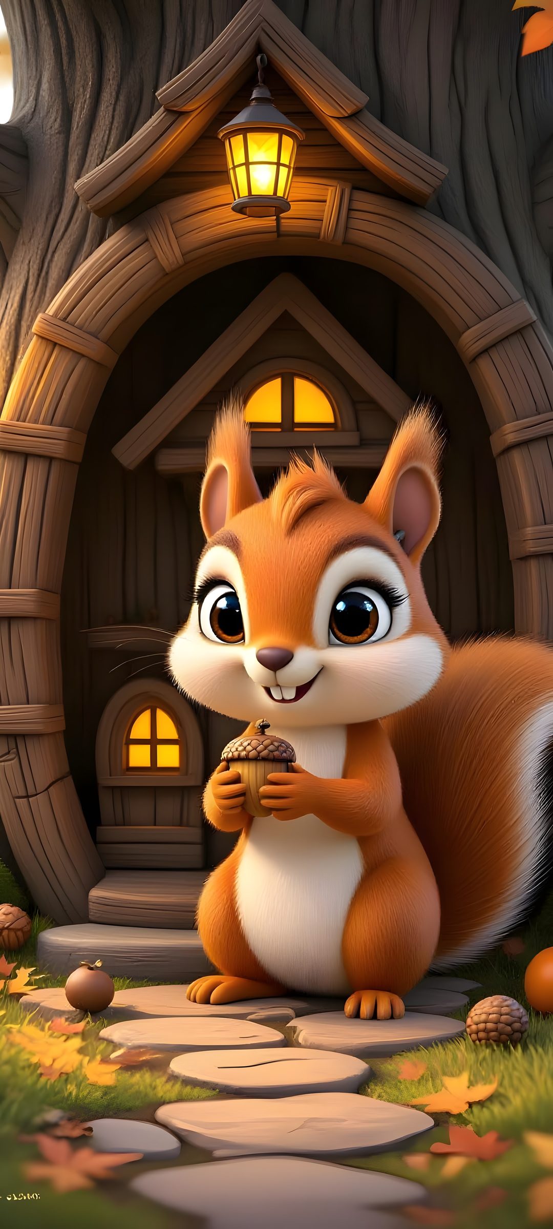 a cartoon squirrel is standing in front of a house with a lantern on it's roof Squirrel Halloween dark olive green