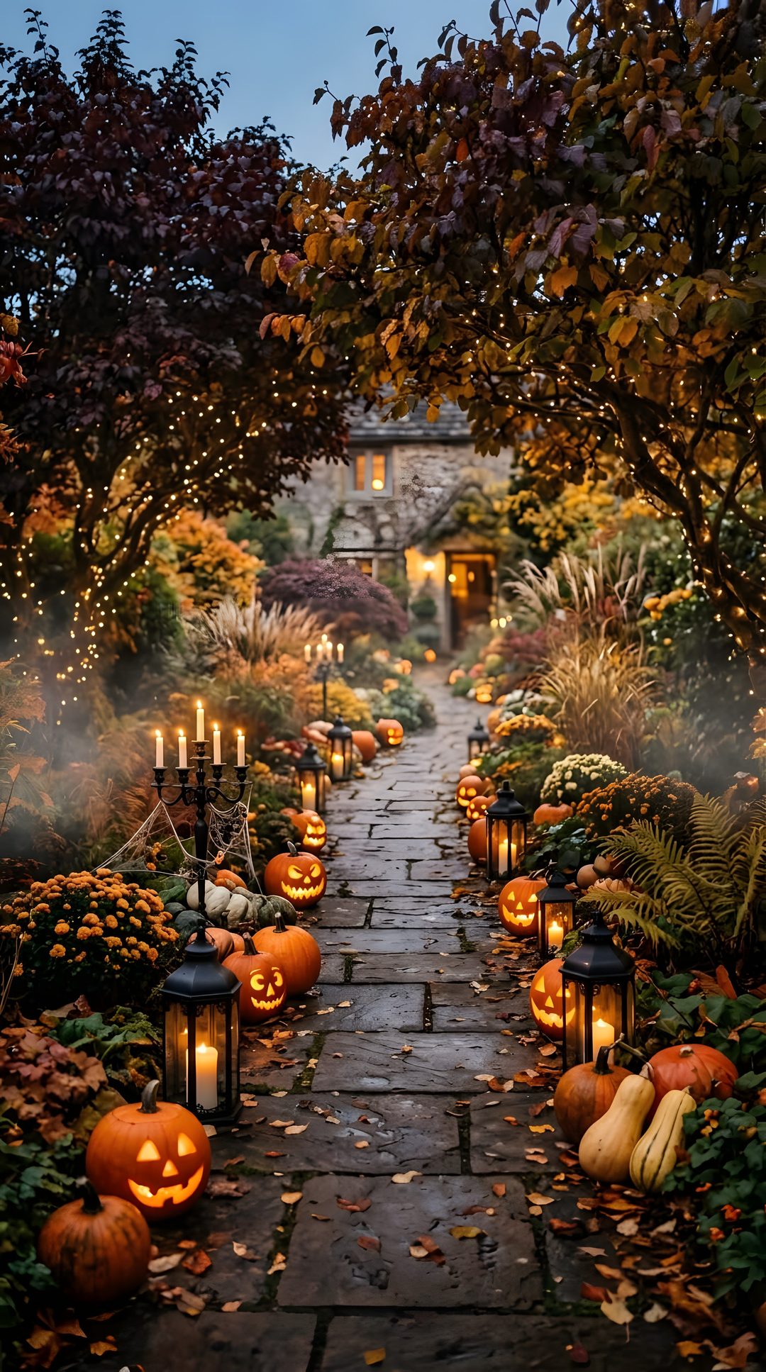 a pathway with pumpkins and candles on it Halloween Pumpkin Path dark olive green