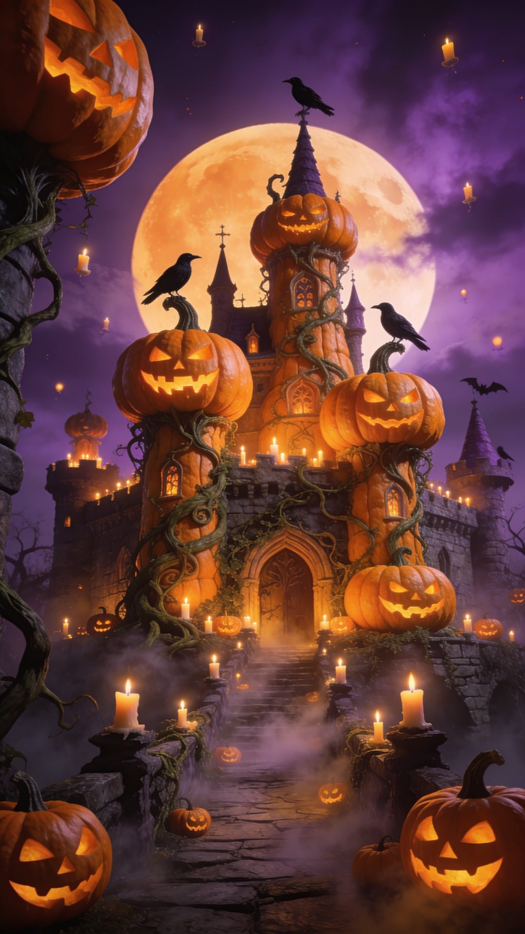 a castle with pumpkins and candles in front of it Vintage Halloween- Bobcats Castle dark slate gray
