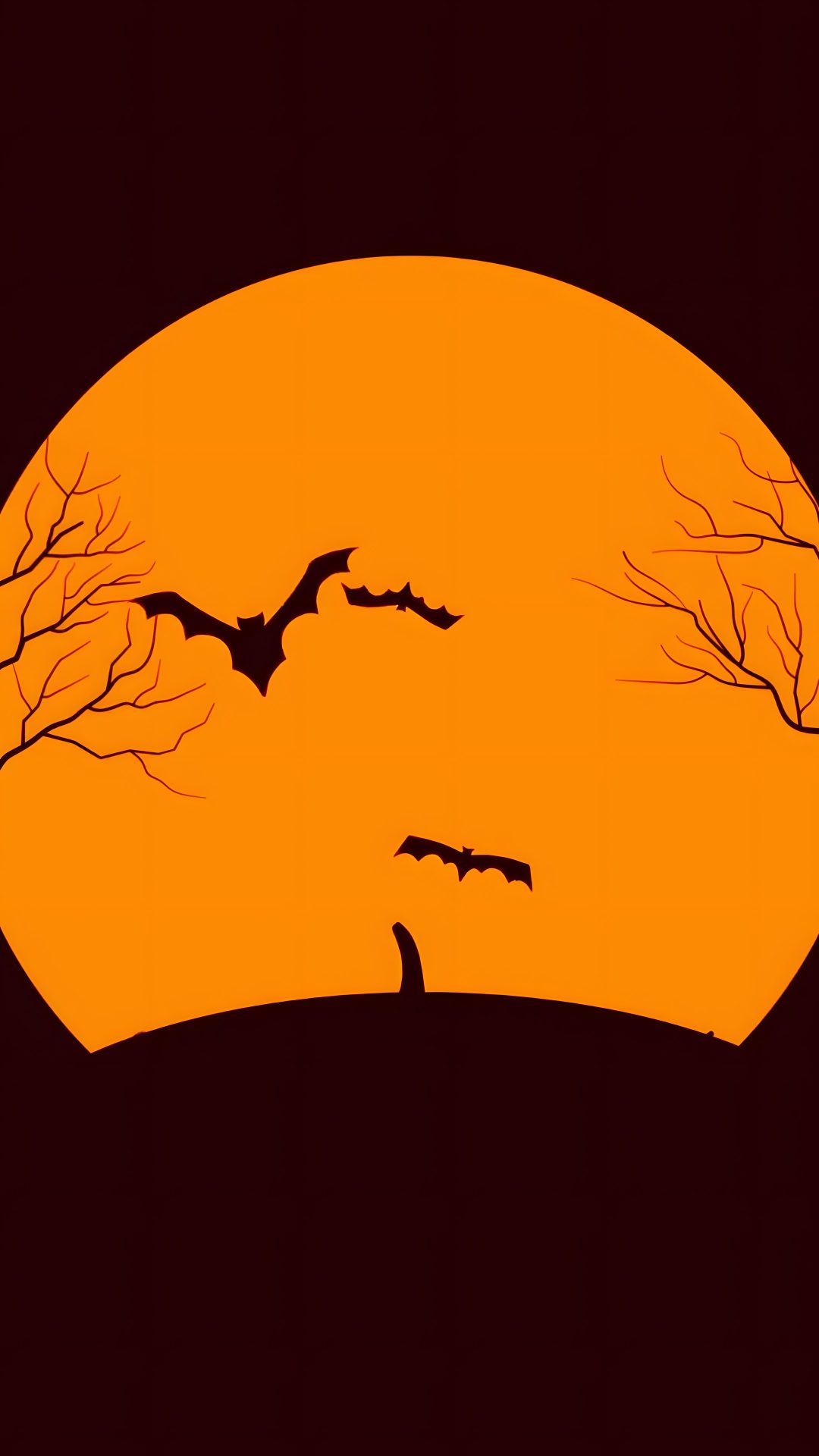 bats flying in front of an orange moon with trees silhouetted against the dark background Halloween Cute Bats Silhouette black