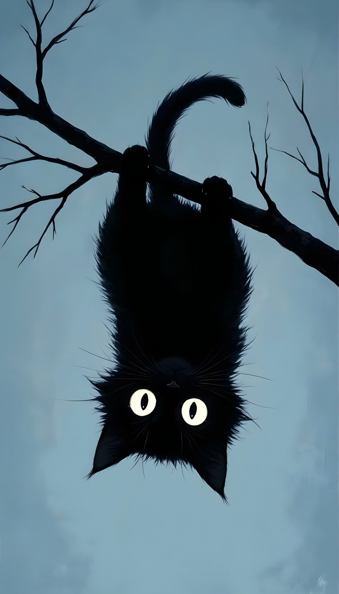 a black cat is hanging upside down on a tree branch with its eyes wide open Black Cat Halloween Phone light slate gray