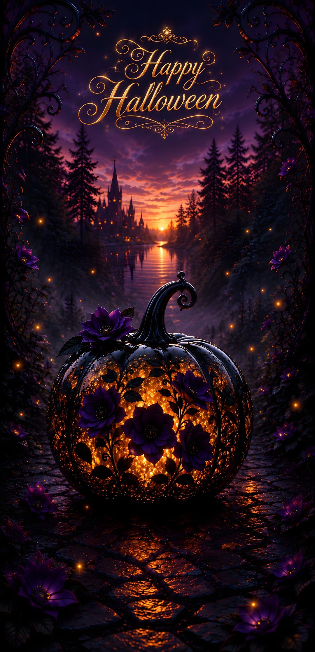 a halloween pumpkin with the words happy halloween written on it in gold and purple lettering Happy Halloween Free black