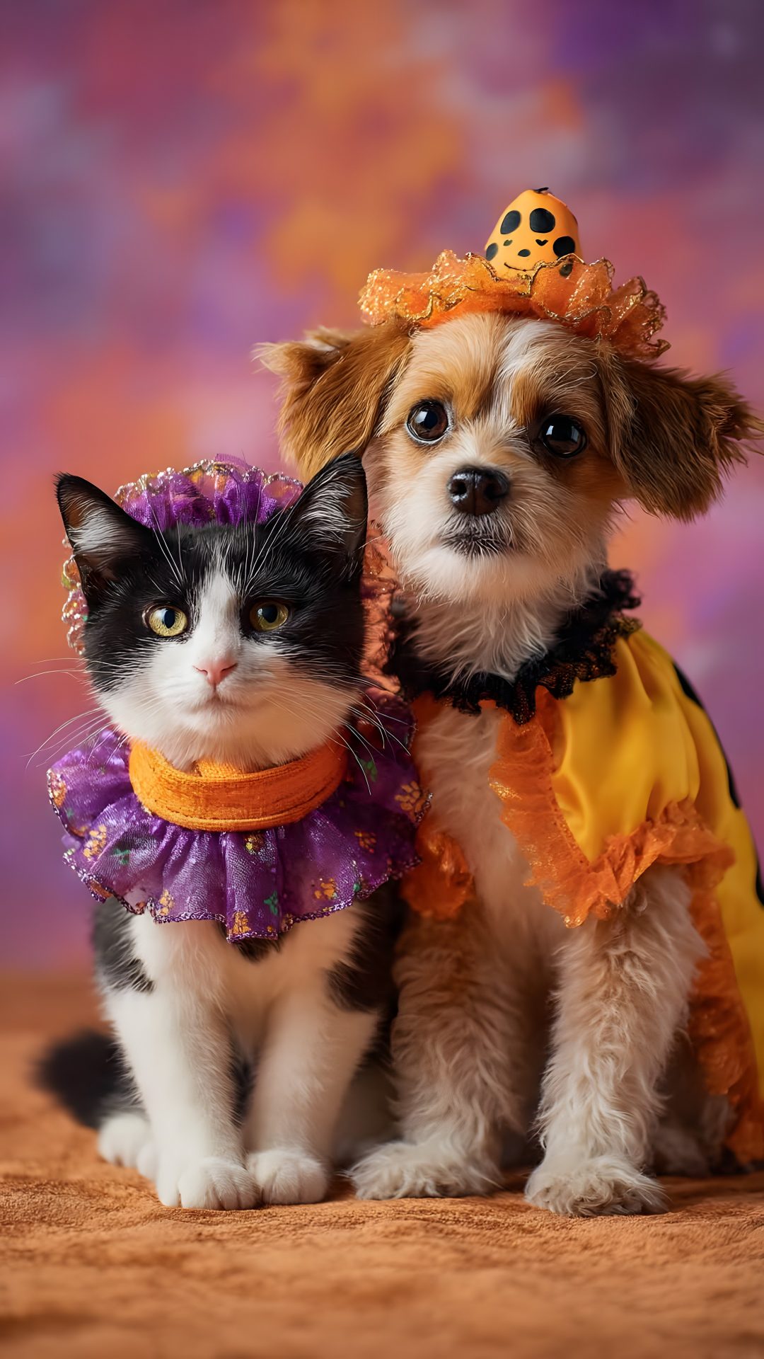 a dog and cat dressed up for halloween sitting next to each other in front of a purple background Cute Dog And Cat Halloween sienna