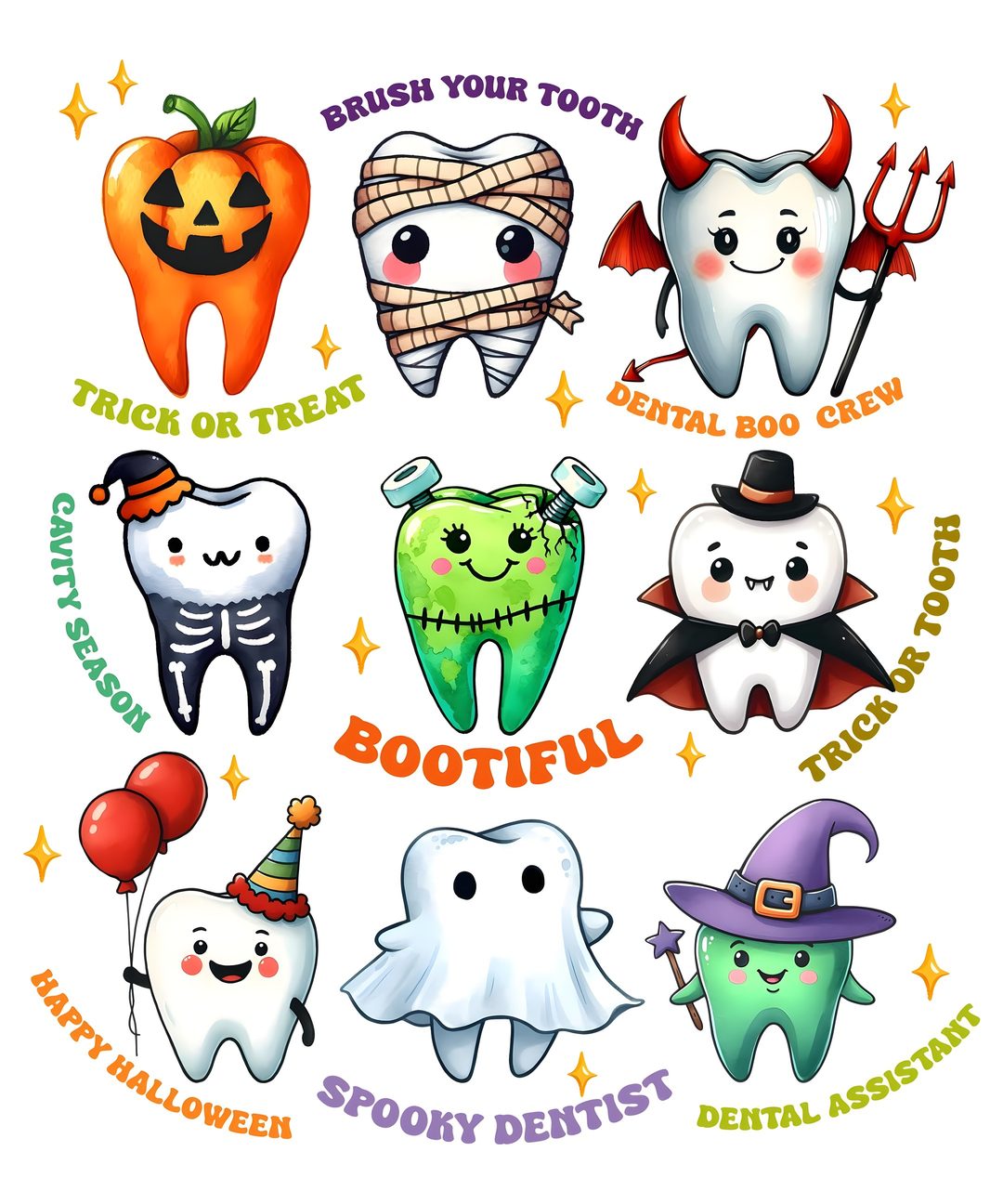 a group of cartoon toothbrushes with halloween characters on them and words written below Dental Halloween Desktop white