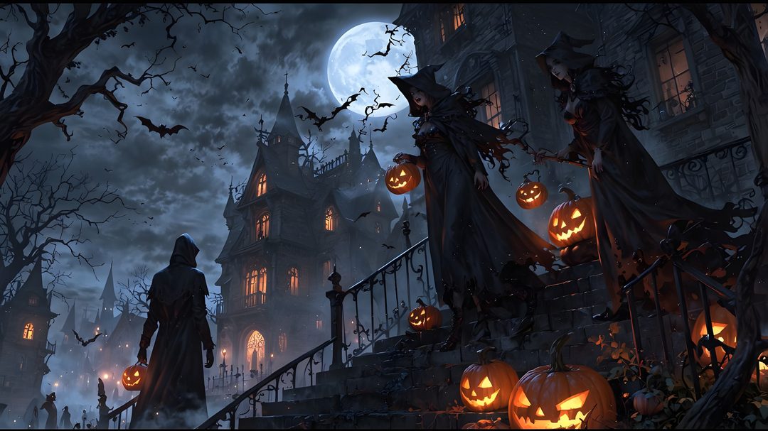 a halloween scene with pumpkins on the steps Halloween Village 4k dark slate gray