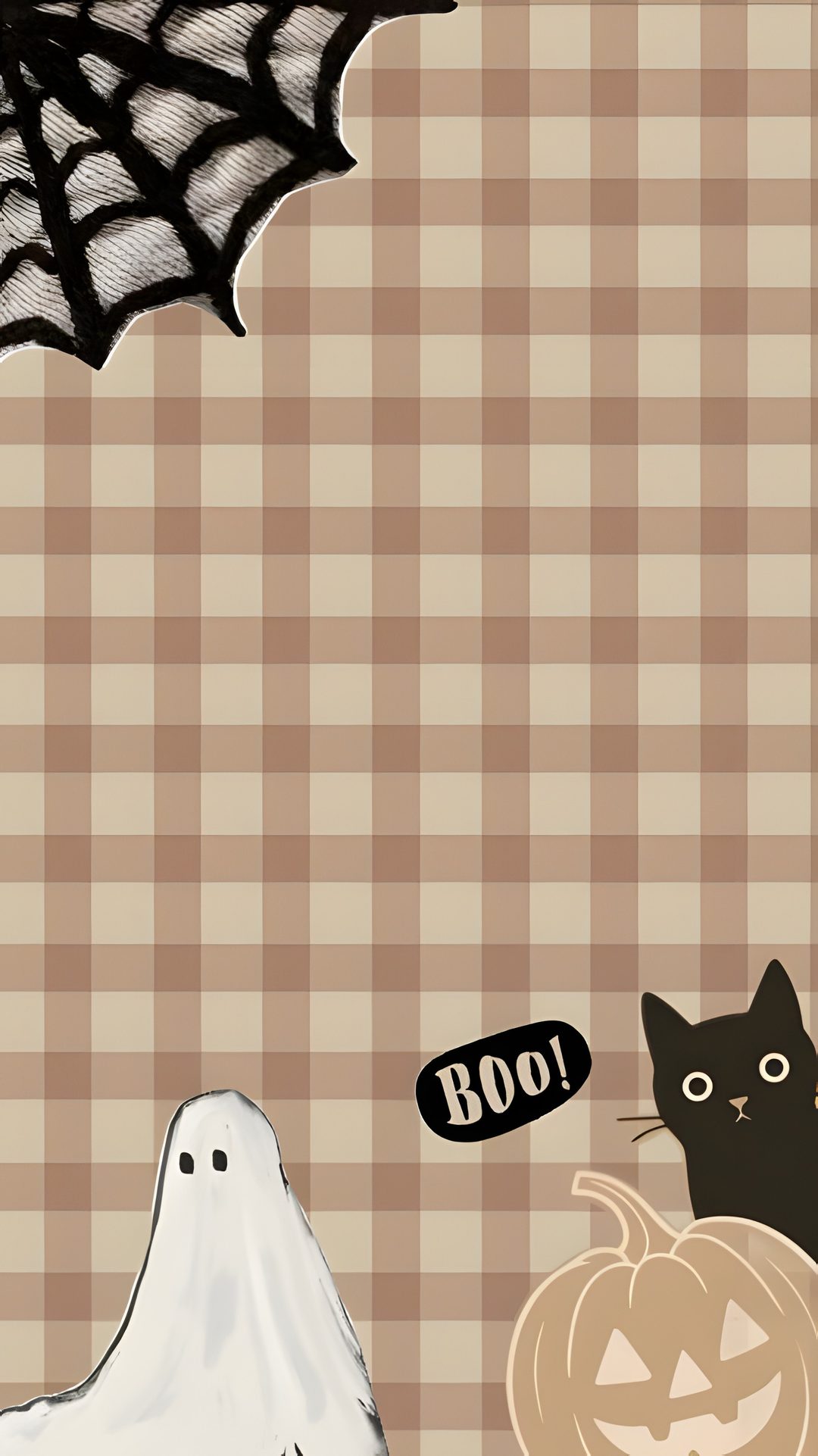 a black cat sitting next to a white ghost and a pumpkin on a checkered table cloth Halloween Loving Llamas - Grey Stripes rosy brown