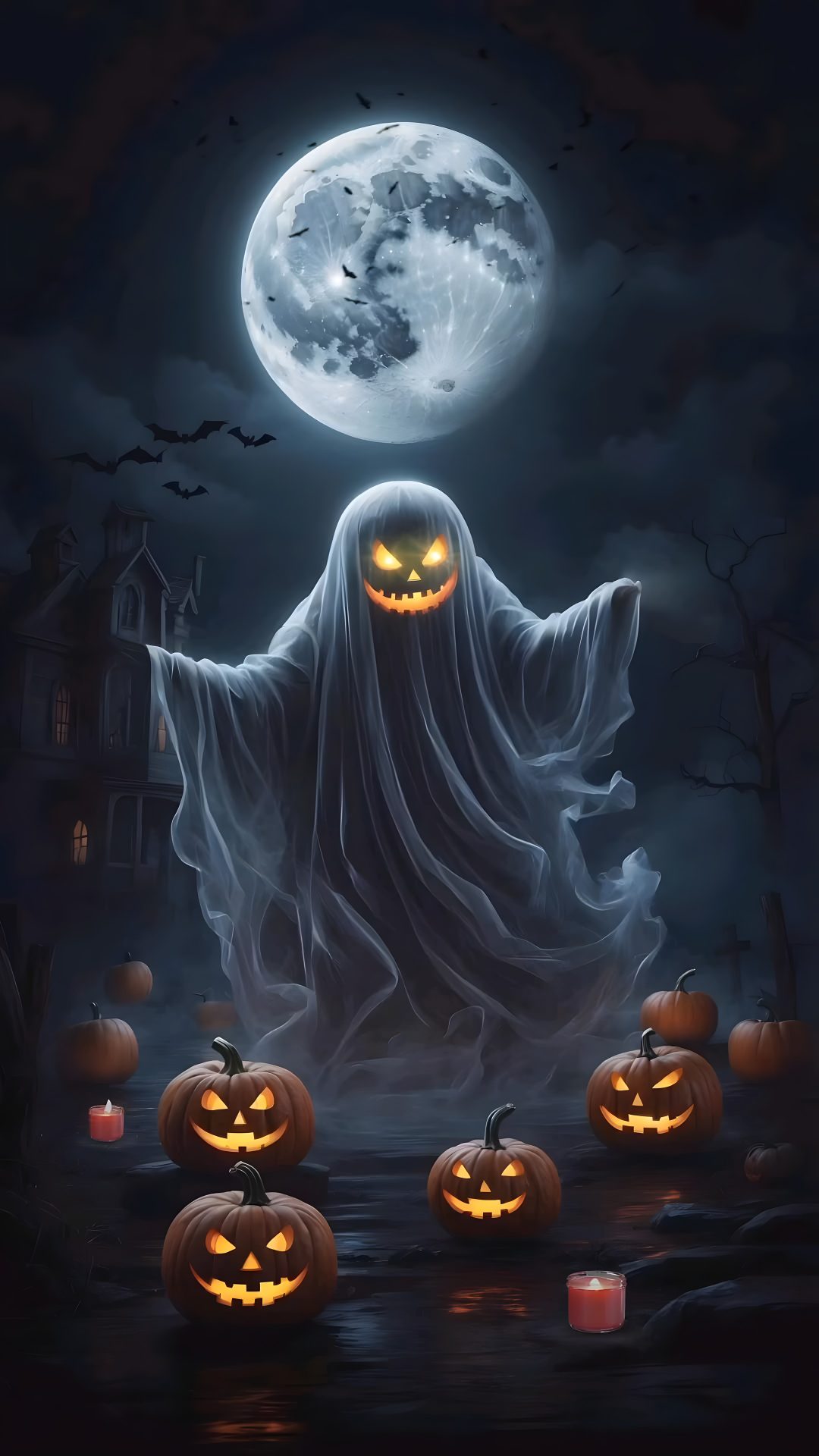 a halloween scene with pumpkins and ghost Live Iphone Halloween black