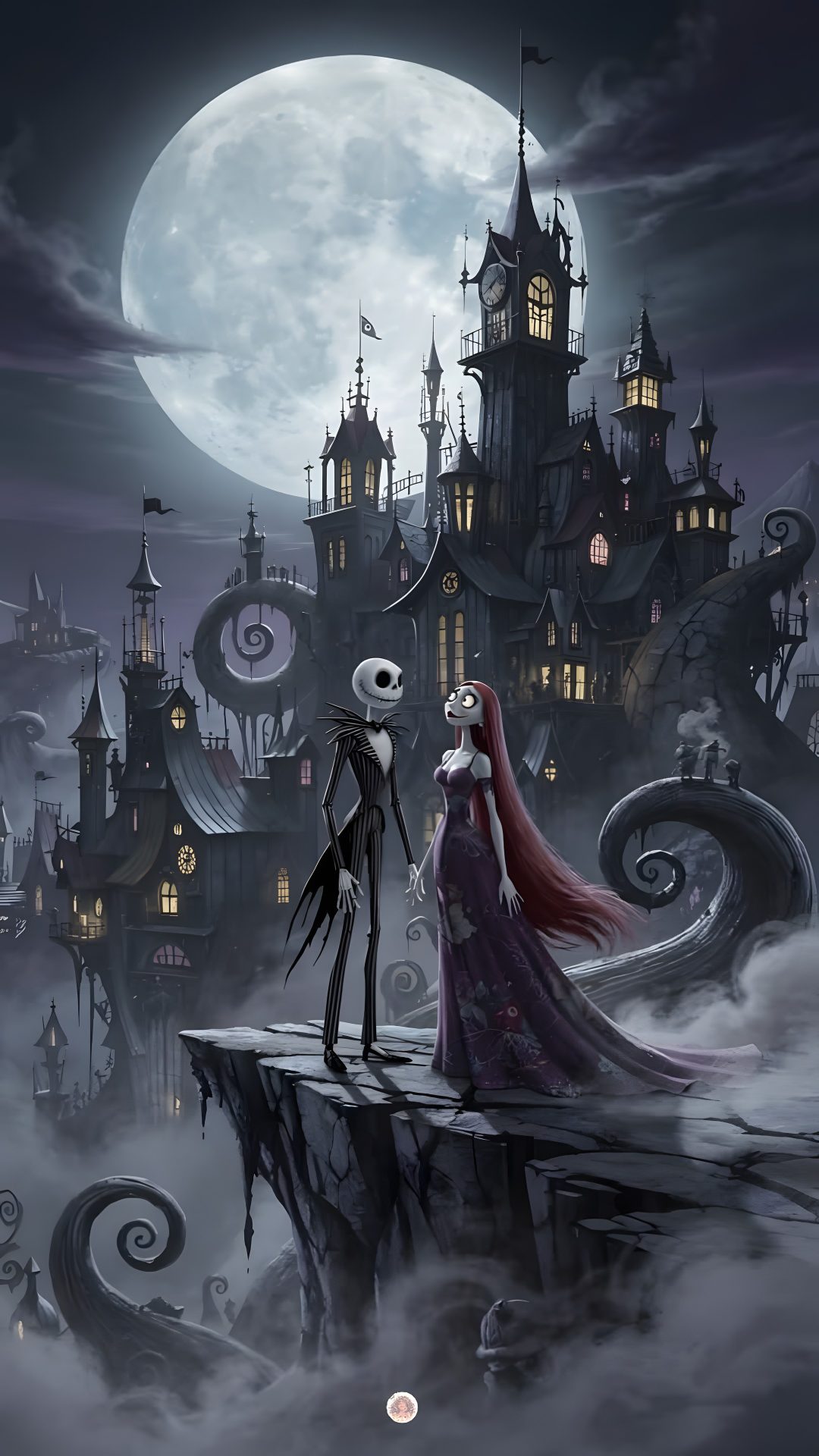 a couple dressed as skeletons standing on a cliff in front of a castle at night Nightmare Before Christmas Halloween Town Tim Burton, Jack Skellington, dark slate gray