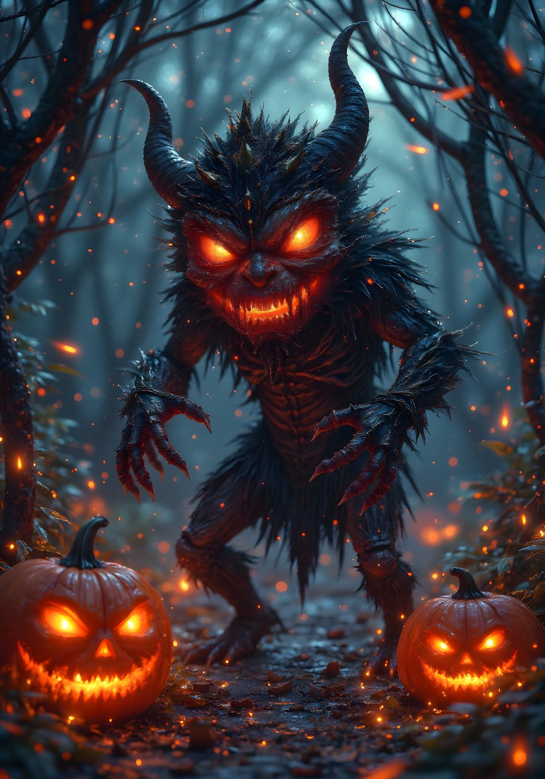 an evil looking creature with glowing eyes and horns in the woods, surrounded by pumpkins Halloween Monsters dark slate gray