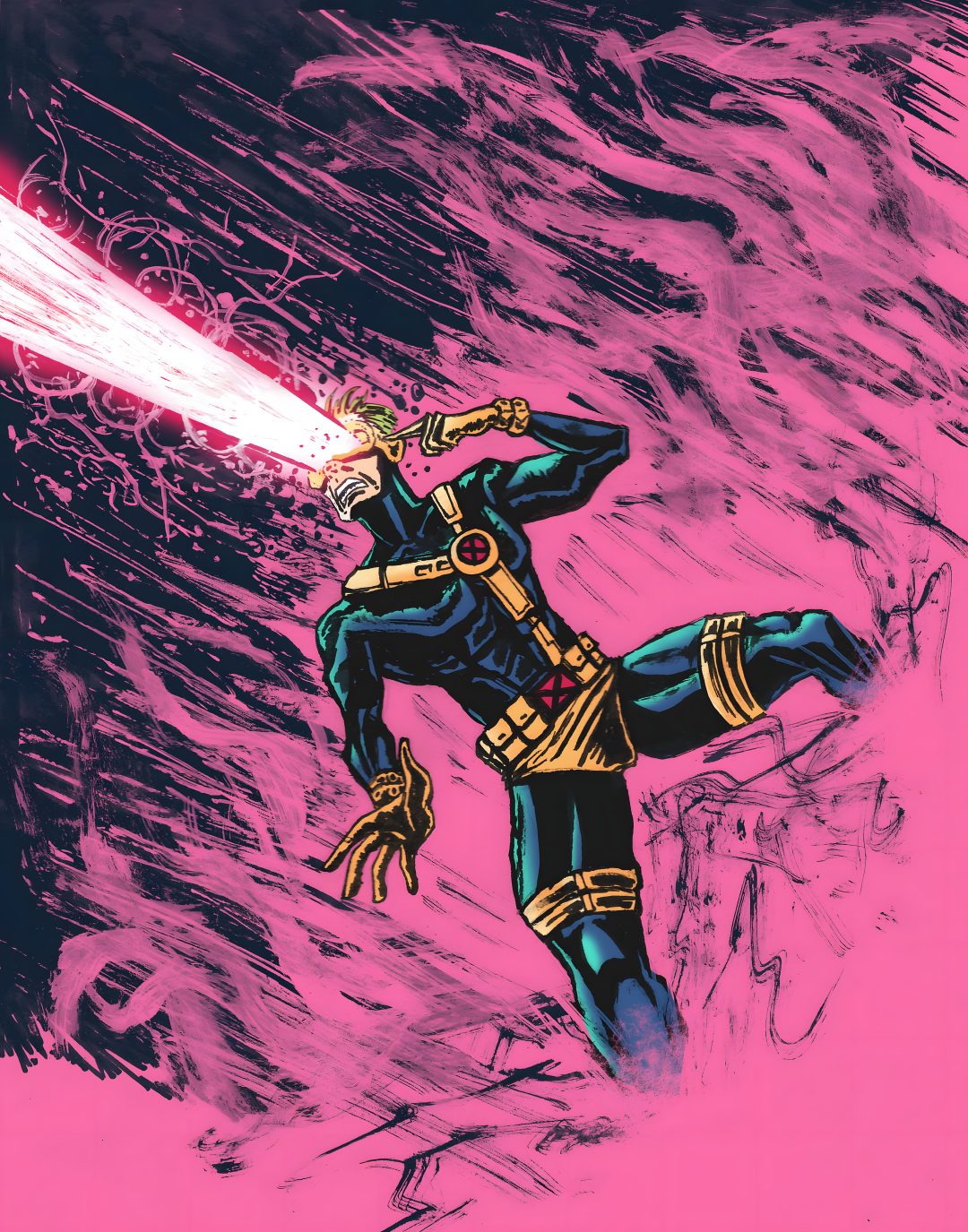 a drawing of a man with a light saber in his hand and an arm outstretched Halloween Cyclops pale violet red