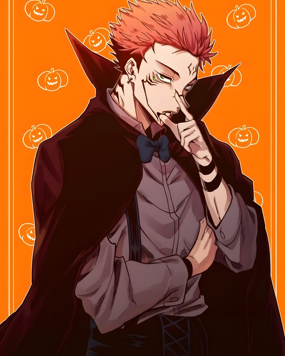 an anime character with red hair wearing a cape and holding his hand to his face Sukuna Halloween saddle brown