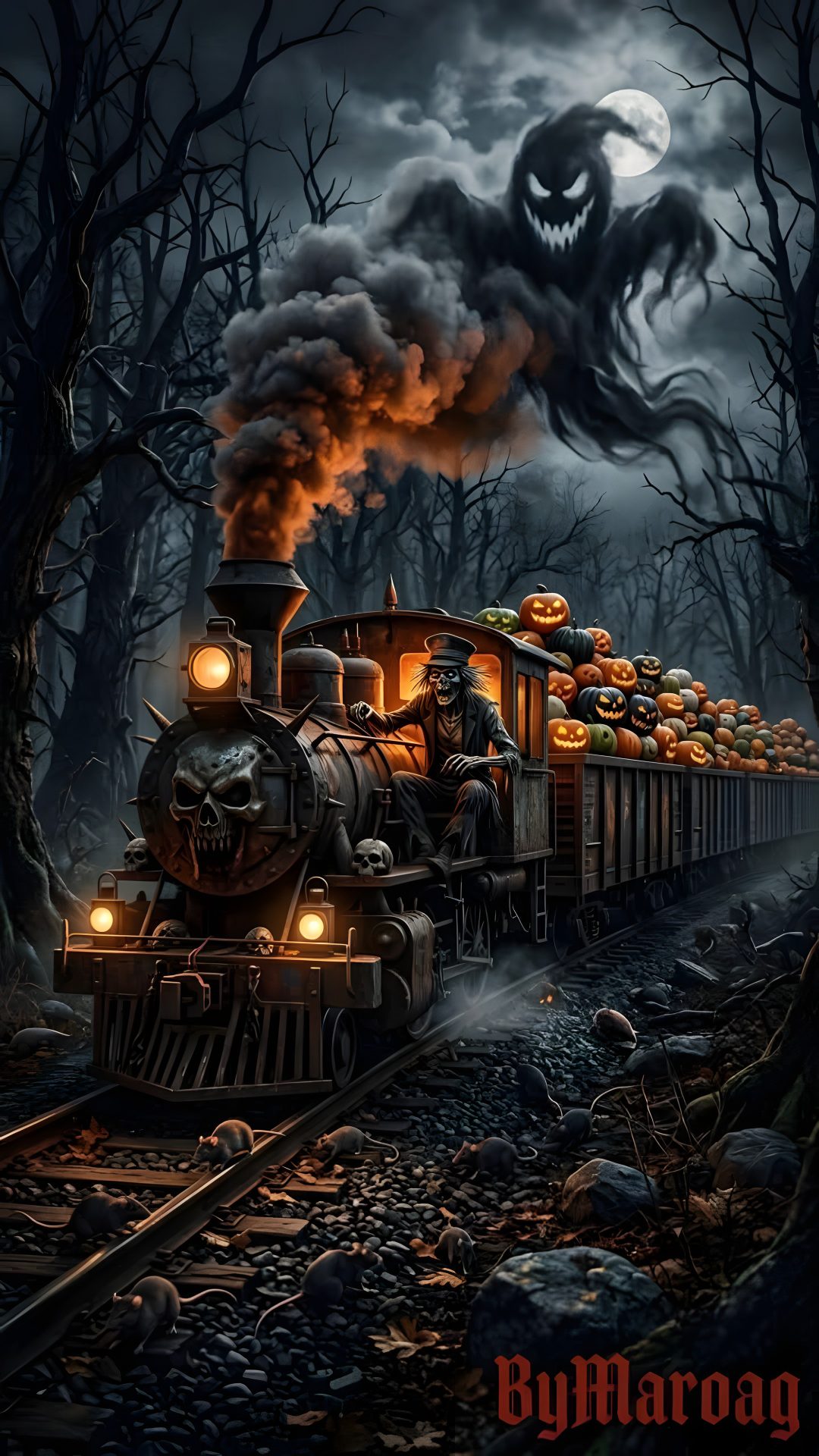 a train with pumpkins on it is going down the tracks in front of some trees Halloween Train Halloween, black