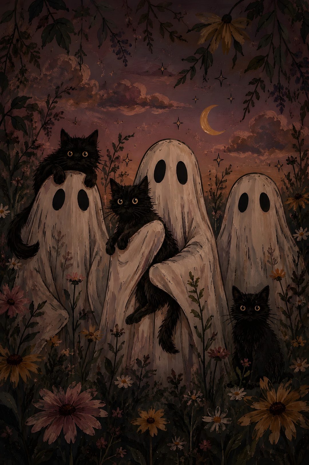 three black cats sitting in the middle of two ghost like figures with their heads wrapped around each other Halloween Black Cat black