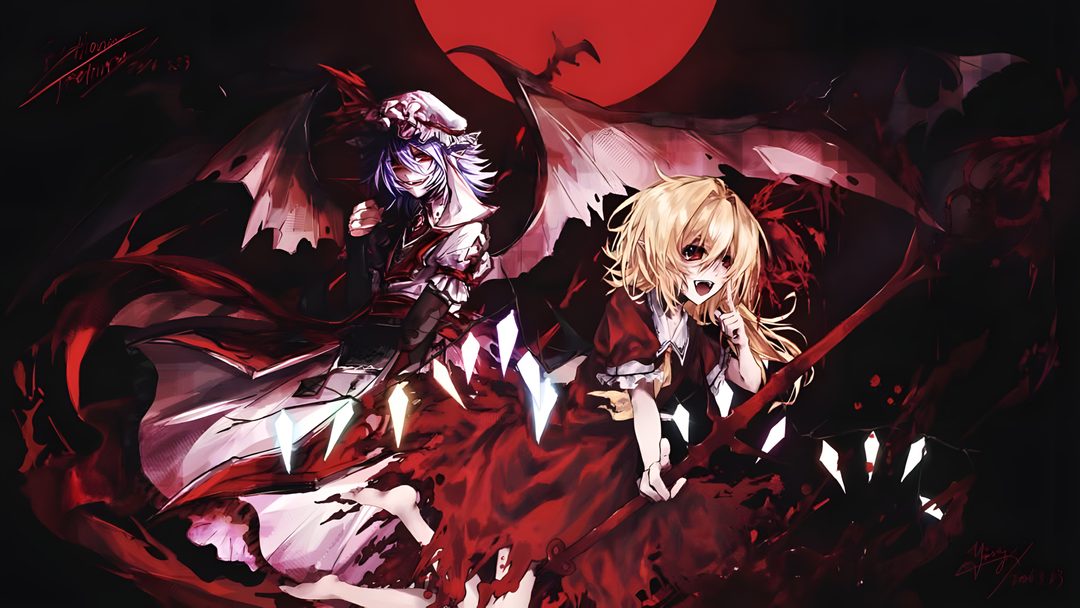two anime characters in front of a full moon and blood red background with the same character Touhou Halloween Art Pieces, black
