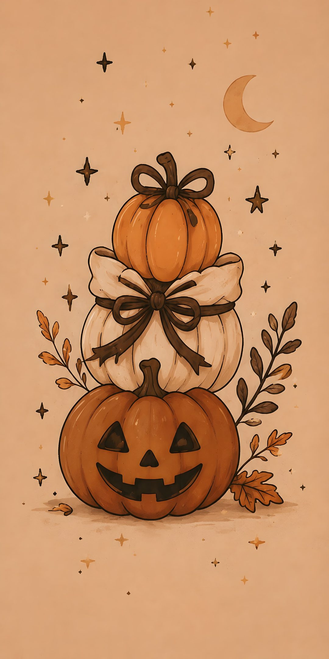 a painting of pumpkins stacked on top of each other in front of a moon and stars Halloween Pumpkins dark salmon