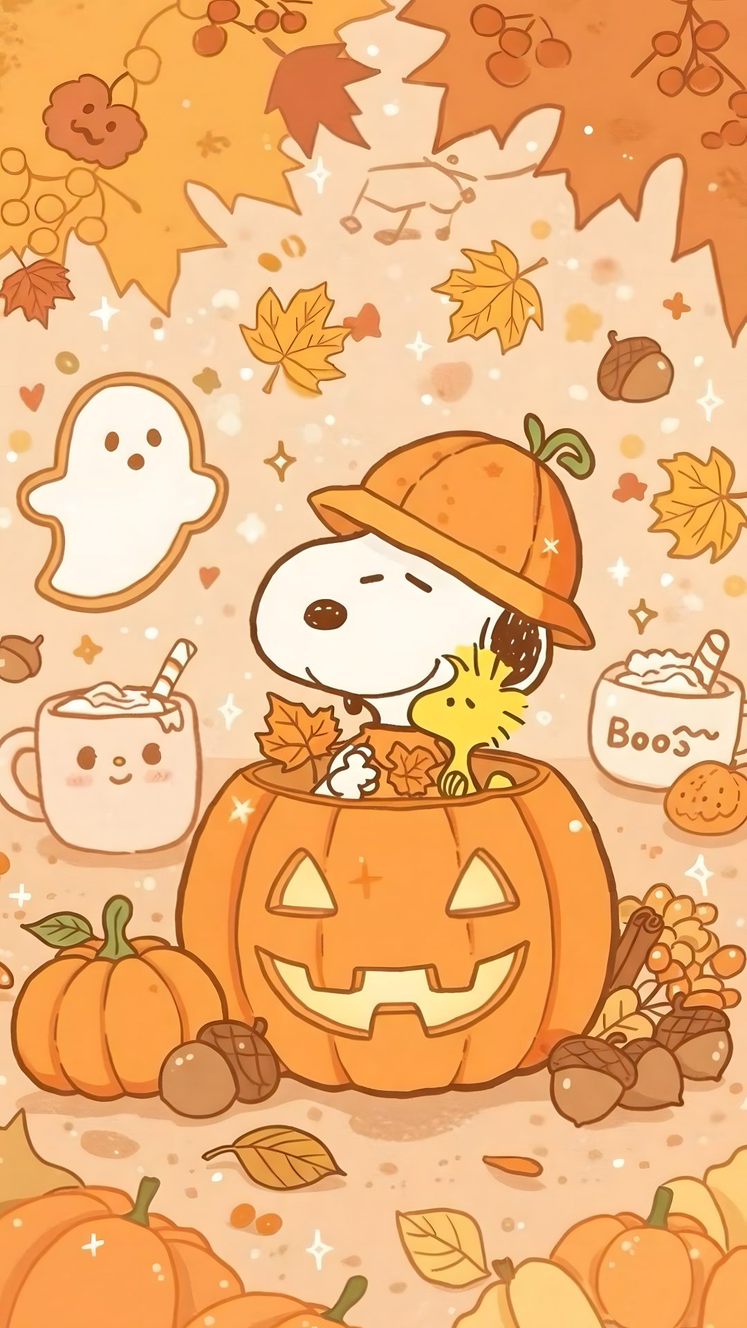 a cartoon dog in a pumpkin costume surrounded by autumn leaves Preppy Halloween Snoopy sandy brown