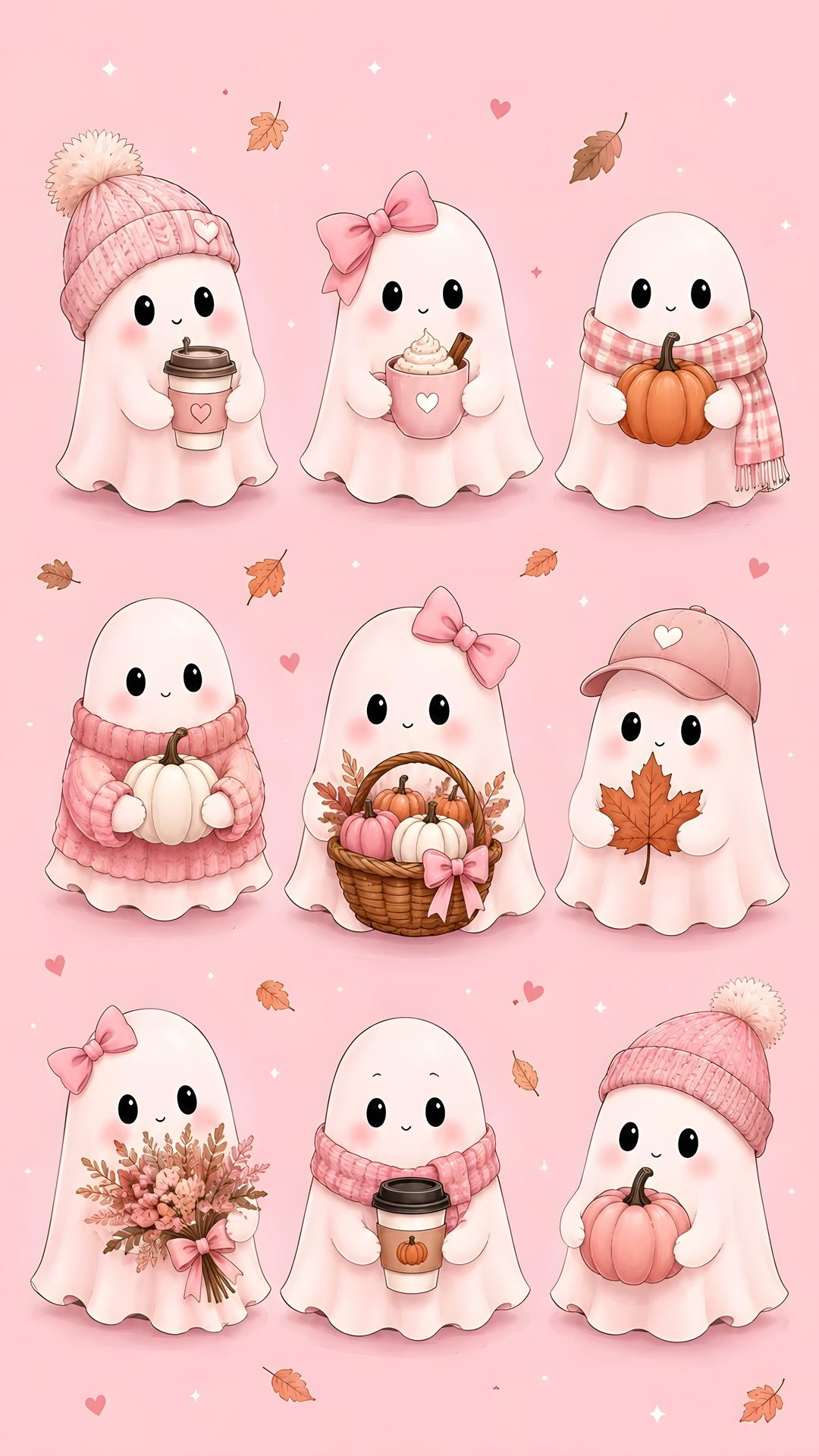 some cute little white bears with hats and scarves on their heads, one is holding a Cute Pink Halloween Iphone pink