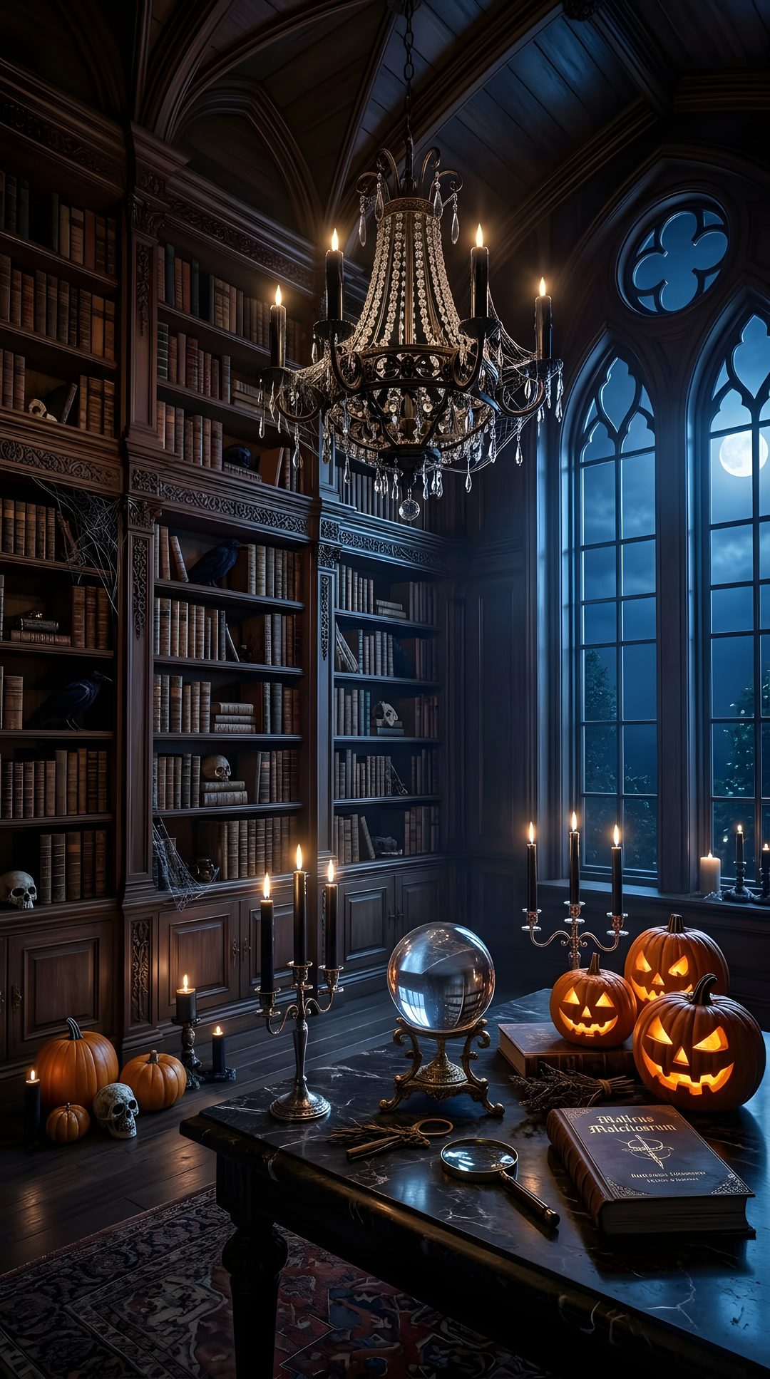 a room filled with lots of books and pumpkins in front of a chandelier Halloween Library black
