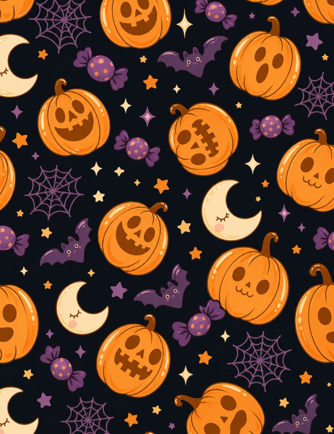 an image of halloween pumpkins and moon on a black background with purple, orange and yellow stars Halloween Pumpkins And Stars Scattered Fall Pumpkins, black