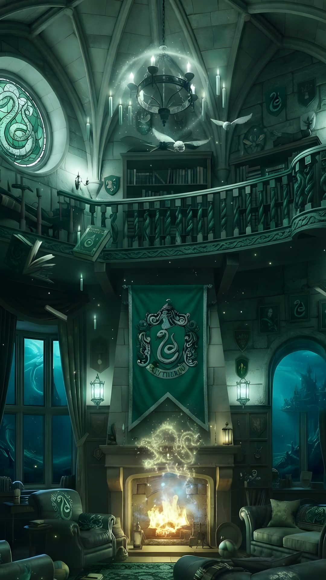 a living room filled with furniture and a fire place in front of a clock tower Slytherin Halloween dark slate gray