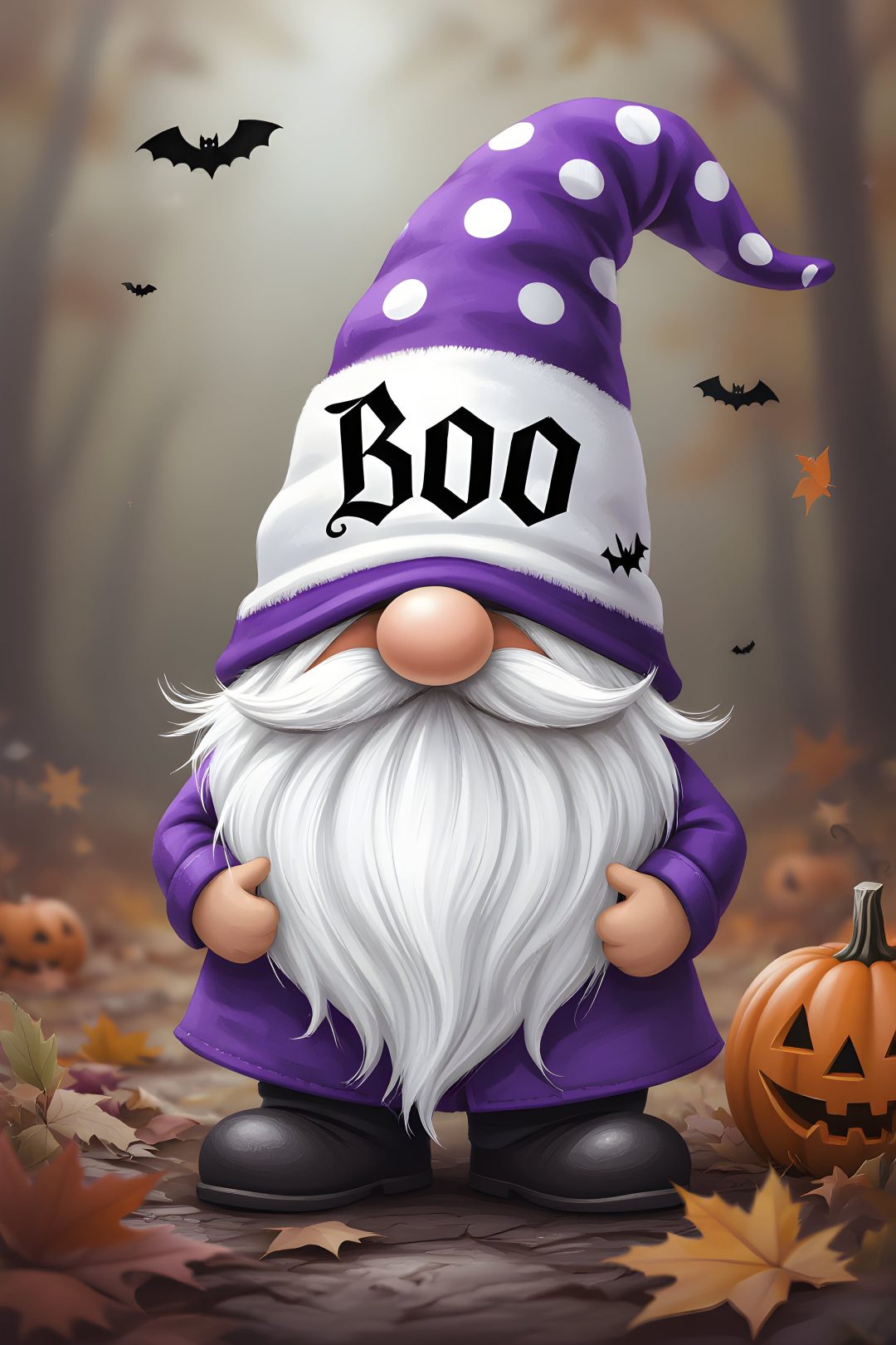 an image of a cartoon gnome with boo on it's face and pumpkins in the background Halloween Gnomes dim gray