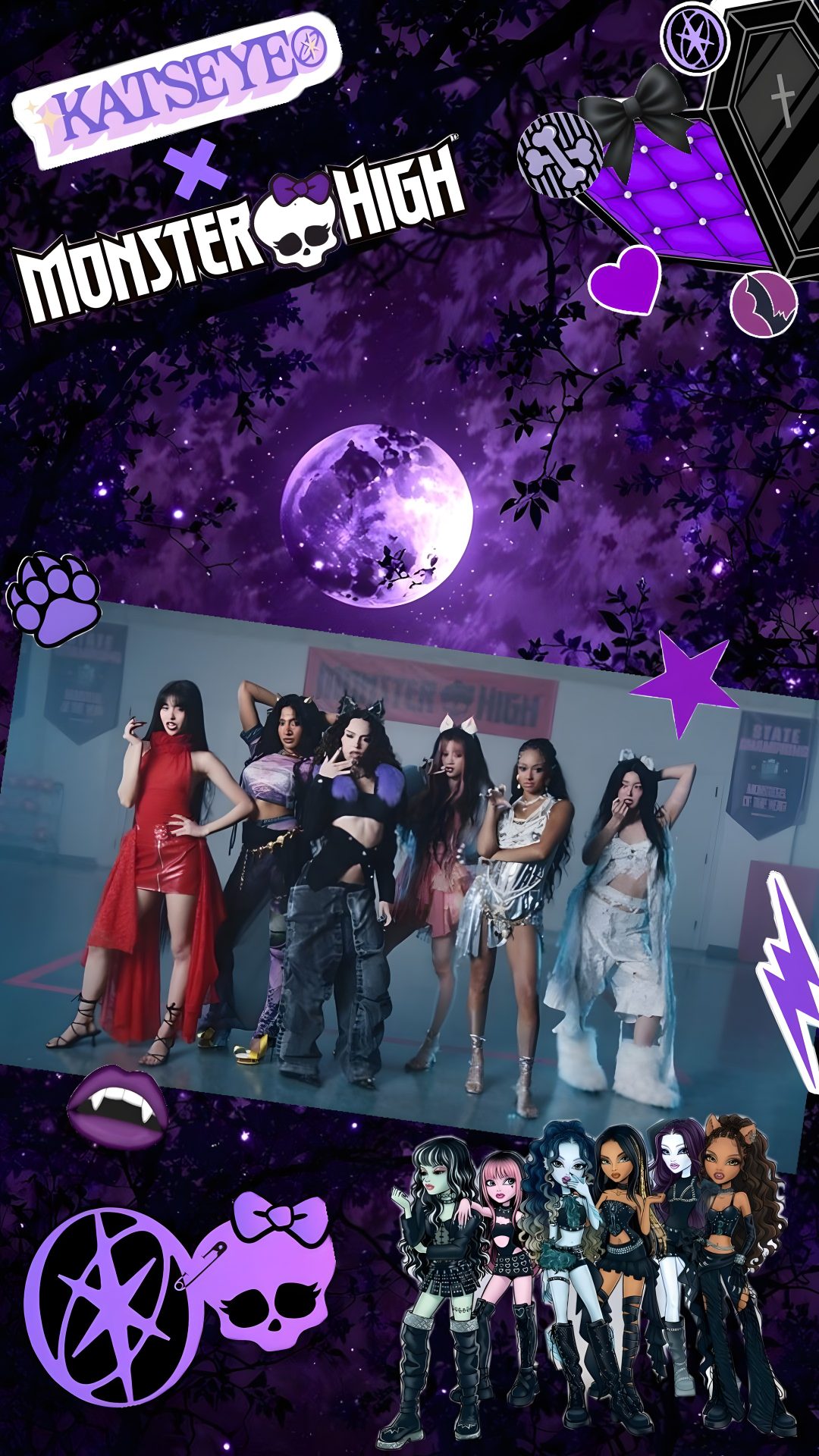 the poster for monster high shows girls in costumes with purple and black hair, standing next to each other Katseye Halloween Collage Poster, Halloween, Dark, Cute Poster, Celebrity, Relatable Quotes, midnight blue