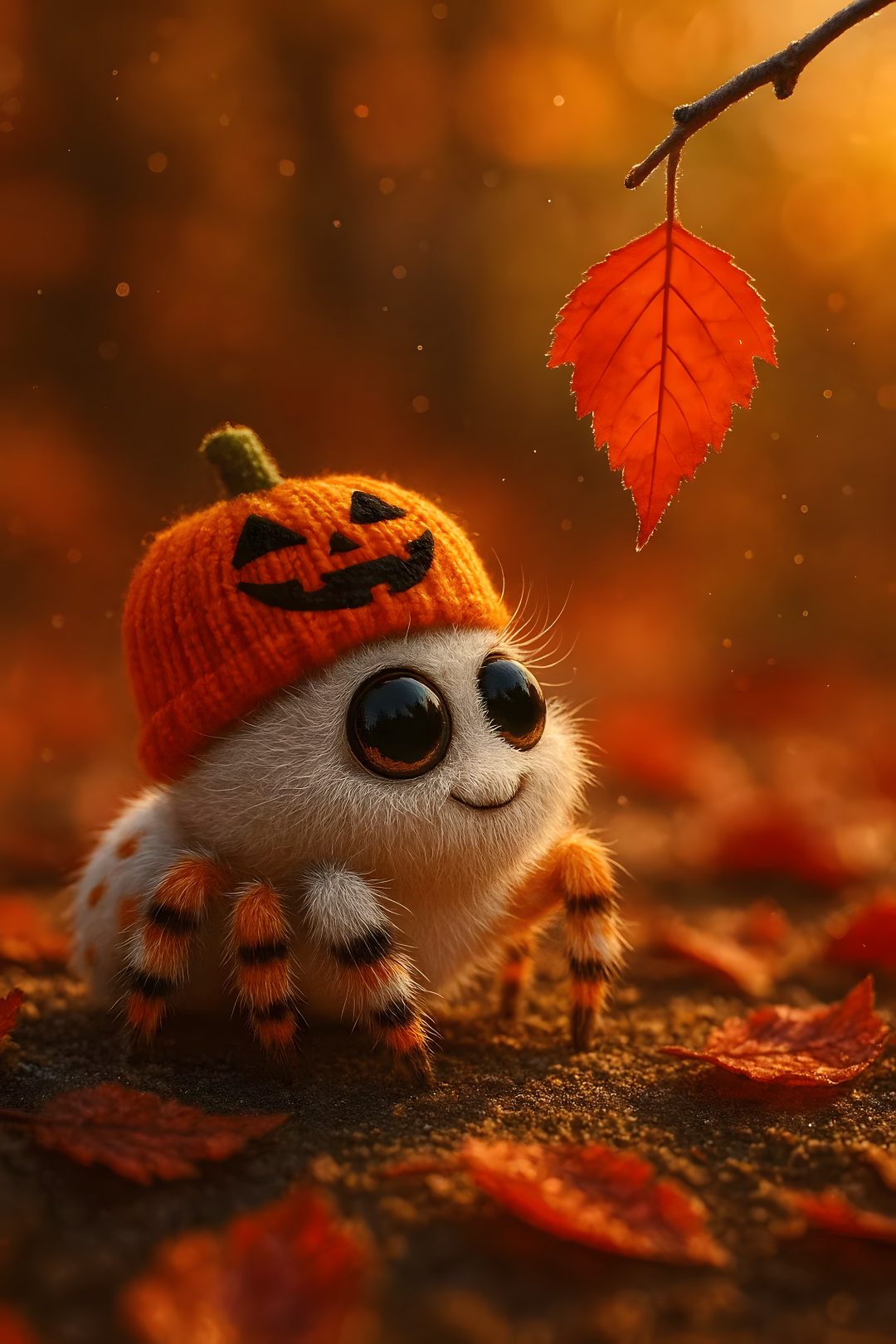 a cute little spider wearing a knitted hat and sitting on the ground next to an orange leaf Cute Halloween Spider saddle brown