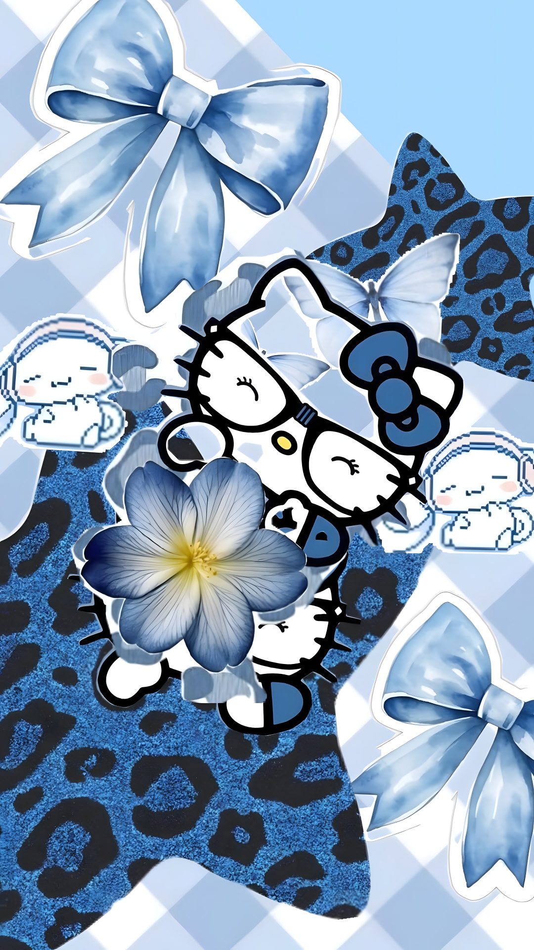 a blue and white checkered background with an image of hello kitty Blue Hello Kitty Halloween light steel blue