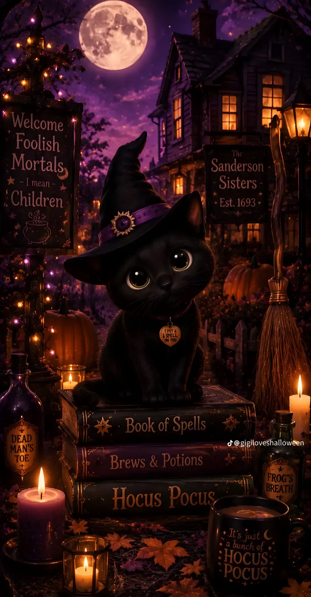 a black cat wearing a witches hat sitting on top of books in front of a full moon Halloween Witch Cats Custom black