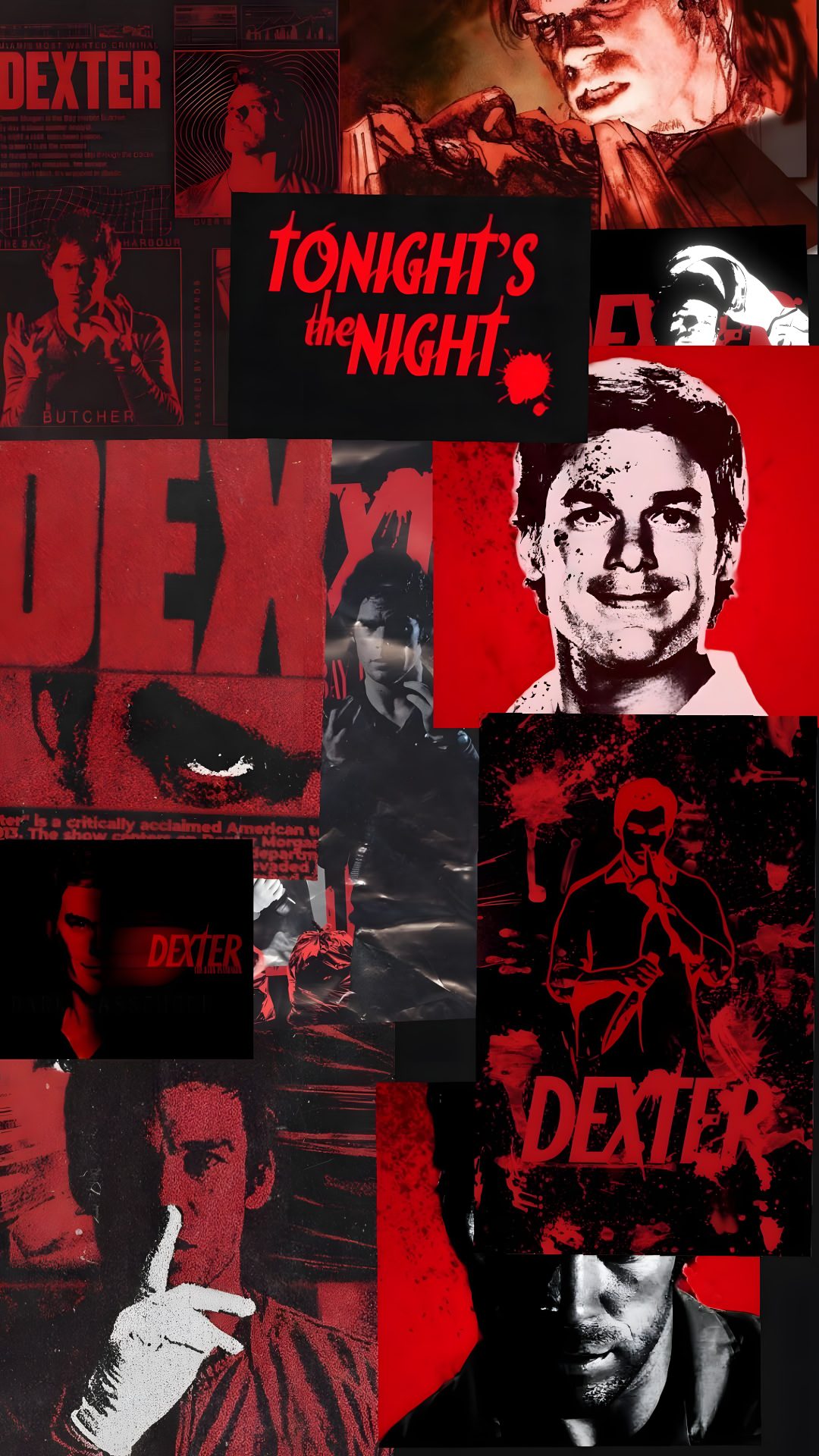 a collage of different movie posters with the names of characters in red, black and white Dexter Halloween Dexter, Scary Images, Dexter Morgan, black