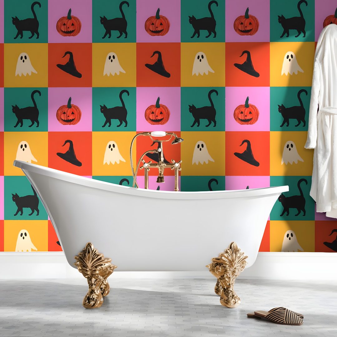 a bathroom with halloween themed wallpaper and a claw foot bathtub in the foreground Halloween Themed Bathroom rosy brown