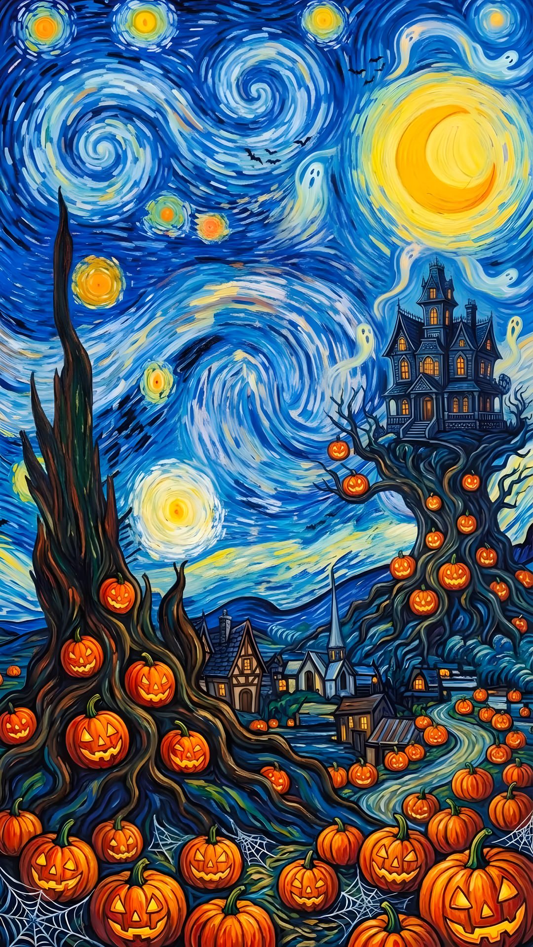 a painting with pumpkins on the ground in front of a starry night sky Halloween Art Aesthetic dark slate blue