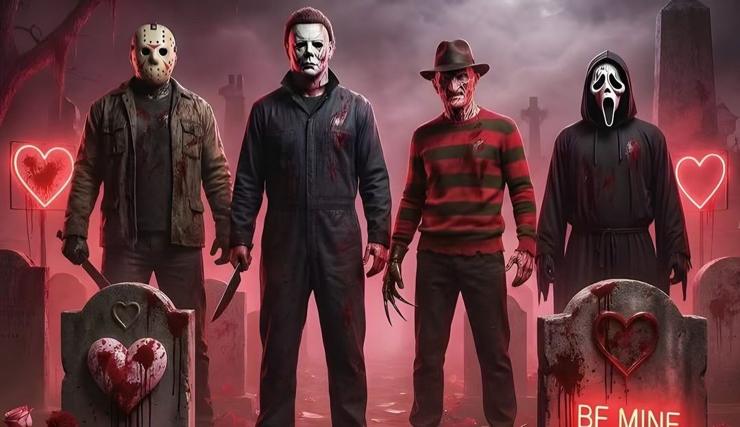 three people standing in front of tombstones with faces painted on them and the words be mine Halloween Killers dark slate gray