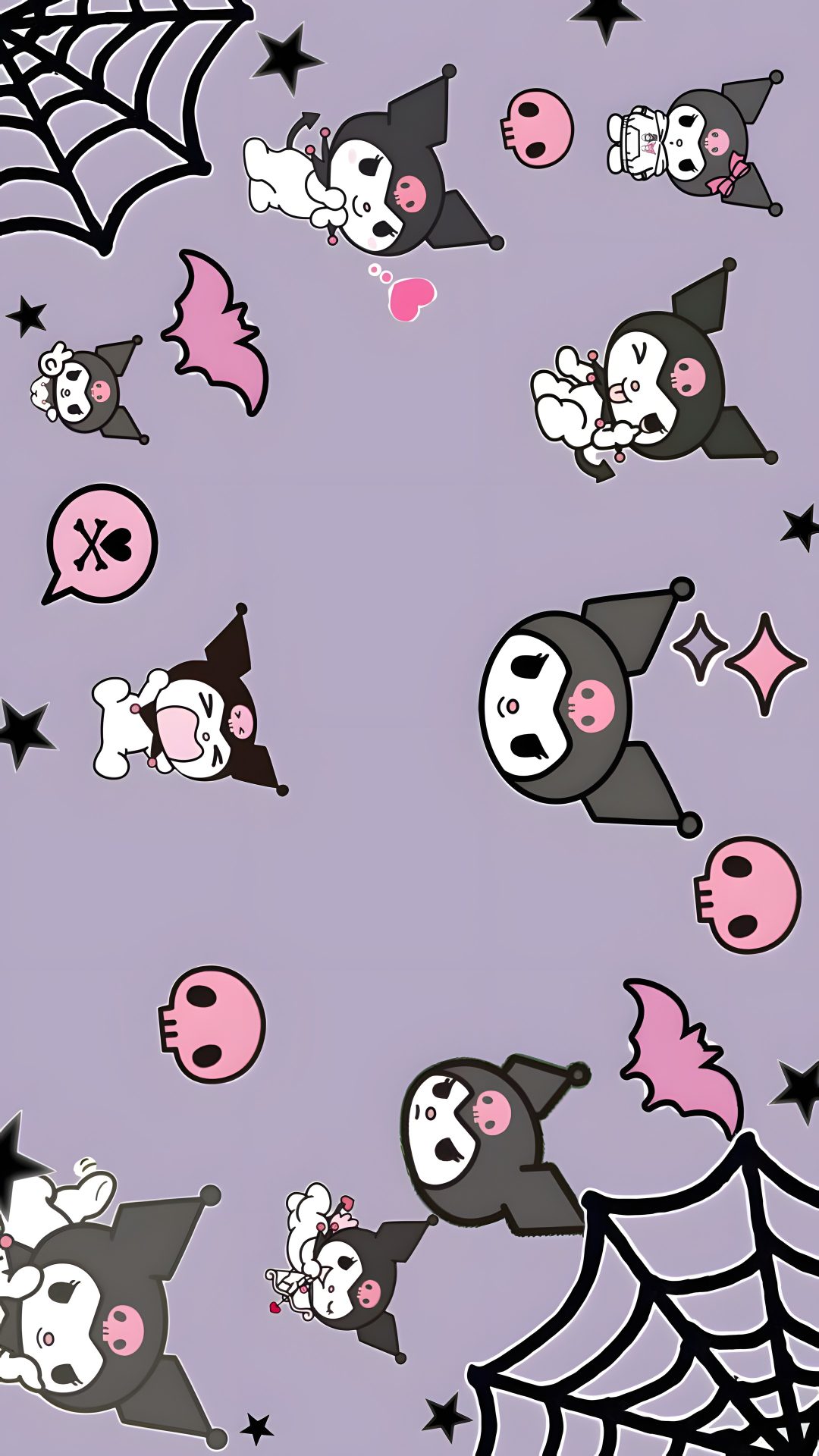 an image of halloween stickers on a purple background with black stars and white bats Halloween Cute Kuromi Halloween Themes For Mobile, silver
